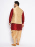 Vastramay Men's Plus Size Rose Gold Woven Nehru Jacket With Maroon Kurta And Rose Gold Dhoti Set